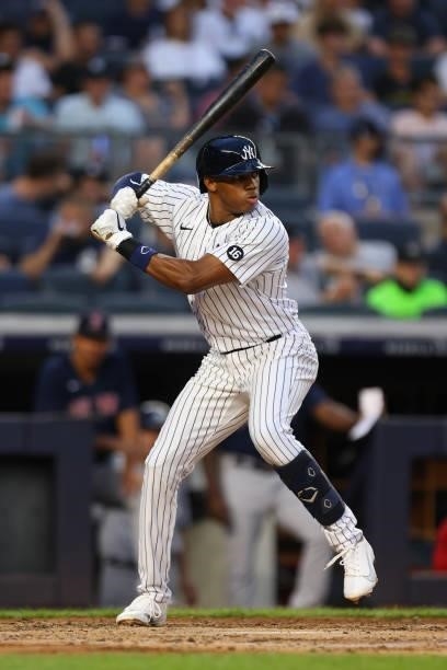 Greg Allen of the New York Yankees in action against the Boston Red Sox during a game at Yankee Stadium on July 18, 2021 in New York City.
