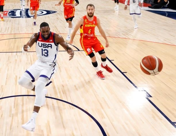 Bam Adebayo of the United States reacts after losing the ball on a breakaway ahead of Sergio Rodriguez of Spain during an exhibition game at Michelob...