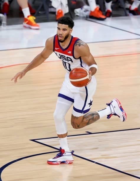 Jayson Tatum of the United States brings the ball up the court against the Spain during an exhibition game at Michelob ULTRA Arena ahead of the Tokyo...