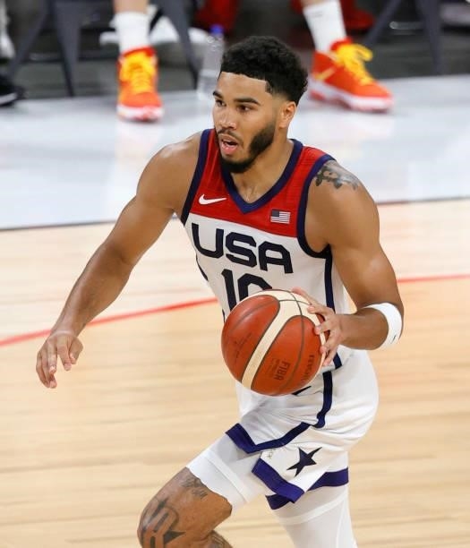 Jayson Tatum of the United States brings the ball up the court against the Spain during an exhibition game at Michelob ULTRA Arena ahead of the Tokyo...