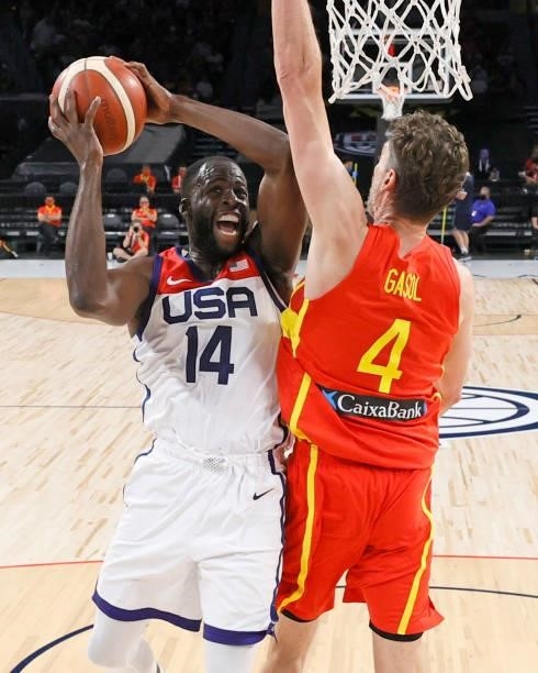 Draymond Green of the United States shoots against Pau Gasol of Spain during an exhibition game at Michelob ULTRA Arena ahead of the Tokyo Olympic...