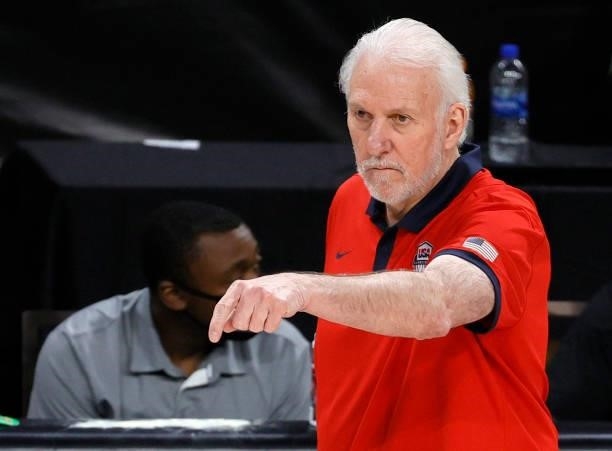 Head coach Gregg Popovich of the United States gestures during an exhibition game against Spain at Michelob ULTRA Arena ahead of the Tokyo Olympic...