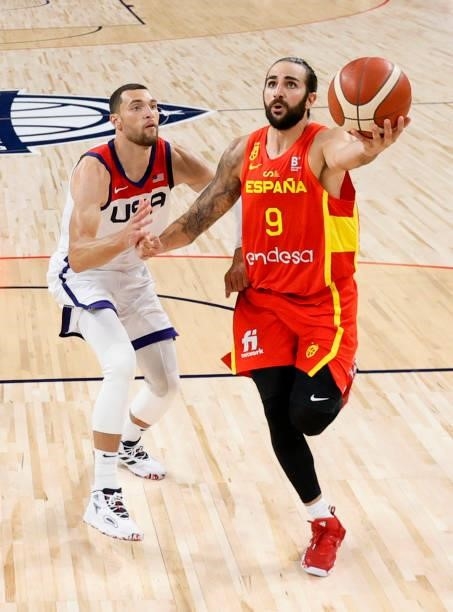 Ricky Rubio of Spain drives to the basket against Zach LaVine of the United States during an exhibition game at Michelob ULTRA Arena ahead of the...
