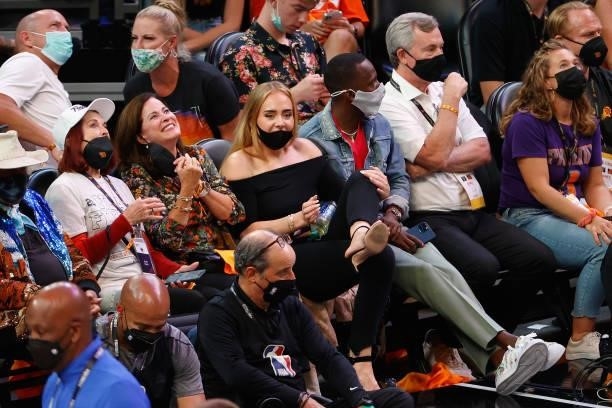 Singer Adele attends game five of the NBA Finals at Footprint Center on July 17, 2021 in Phoenix, Arizona. The Bucks defeated the Suns 123-119. NOTE...