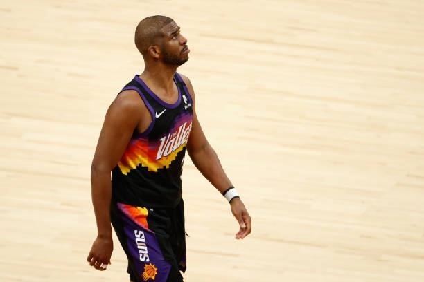 Chris Paul of the Phoenix Suns reacts in the second half of game five of the NBA Finals against the Milwaukee Bucks at Footprint Center on July 17,...