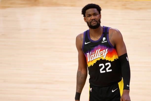 Deandre Ayton of the Phoenix Suns reacts in the first half of game five of the NBA Finals at Footprint Center on July 17, 2021 in Phoenix, Arizona....