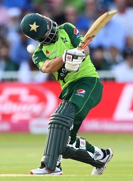 Mohammad Rizwan of Pakistan is struck on the helmet by a delivery bowled by Tom Curran of England during the 1st Vitality T20 International between...