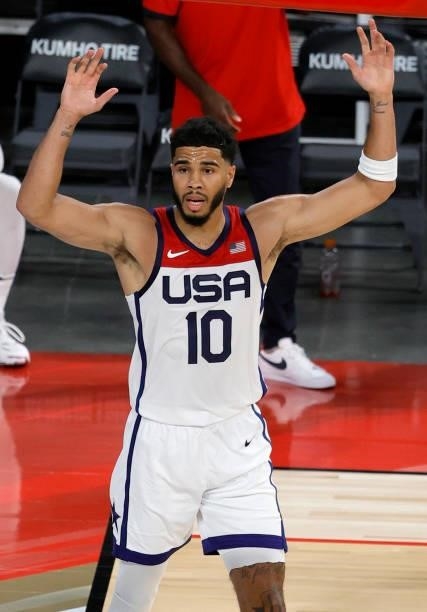 Jayson Tatum of the United States reacts after being called for a foul during an exhibition game against Spain at Michelob ULTRA Arena ahead of the...