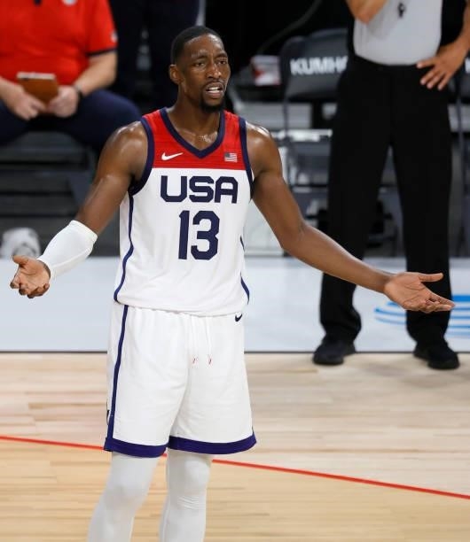 Bam Adebayo of the United States reacts after being called for a foul during an exhibition game against Spain at Michelob ULTRA Arena ahead of the...