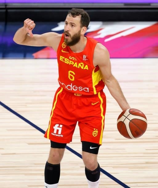 Sergio Rodriguez of Spain sets up a play against the United States during an exhibition game at Michelob ULTRA Arena ahead of the Tokyo Olympic Games...