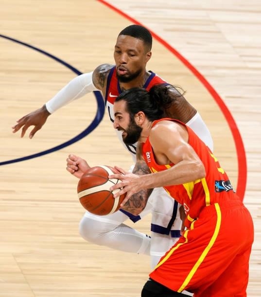 Ricky Rubio of Spain drives against Damian Lillard of the United States during an exhibition game at Michelob ULTRA Arena ahead of the Tokyo Olympic...