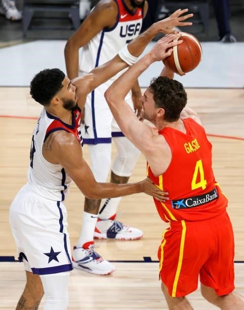 Pau Gasol of Spain shoots against Jayson Tatum of the United States during an exhibition game at Michelob ULTRA Arena ahead of the Tokyo Olympic...
