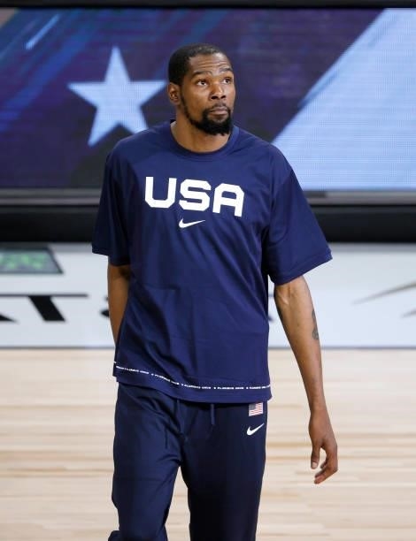 Kevin Durant of the United States is introduced before an exhibition game against Spain at Michelob ULTRA Arena ahead of the Tokyo Olympic Games on...