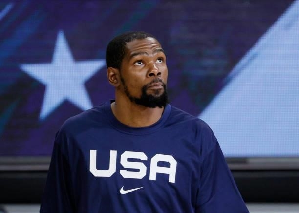 Kevin Durant of the United States is introduced before an exhibition game against Spain at Michelob ULTRA Arena ahead of the Tokyo Olympic Games on...