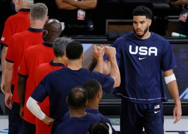 Jayson Tatum of the United States is introduced before an exhibition game against Spain at Michelob ULTRA Arena ahead of the Tokyo Olympic Games on...