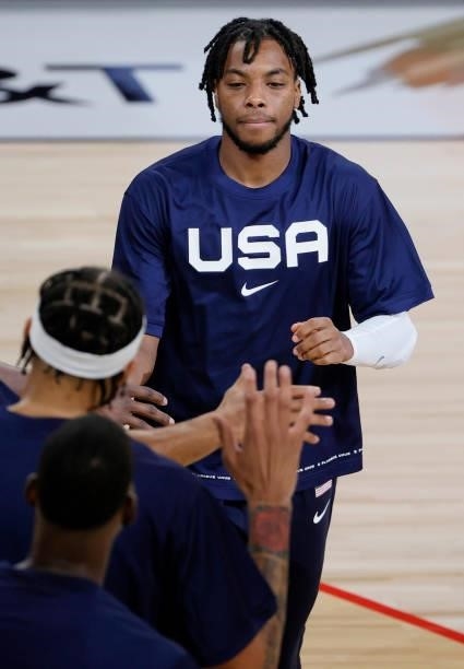 Darius Garland of the United States is introduced before an exhibition game against Spain at Michelob ULTRA Arena ahead of the Tokyo Olympic Games on...