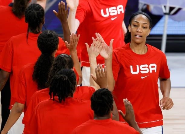 Ja Wilson of the United States is introduced before an exhibition game against Nigeria at Michelob ULTRA Arena ahead of the Tokyo Olympic Games on...