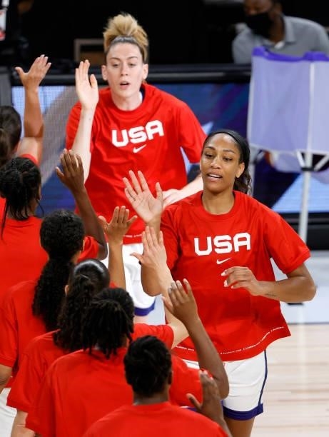 Ja Wilson and Breanna Stewart of the United States are introduced before an exhibition game against Nigeria at Michelob ULTRA Arena ahead of the...