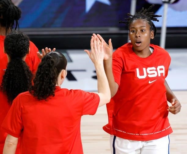 Ariel Atkins of the United States is introduced before an exhibition game against Nigeria at Michelob ULTRA Arena ahead of the Tokyo Olympic Games on...