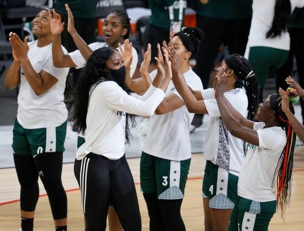 Chiney Ogwumike of Nigeria is introduced before an exhibition game against the United States at Michelob ULTRA Arena ahead of the Tokyo Olympic Games...
