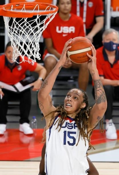 Brittney Griner of the United States scores against Nigeria during an exhibition game at Michelob ULTRA Arena ahead of the Tokyo Olympic Games on...