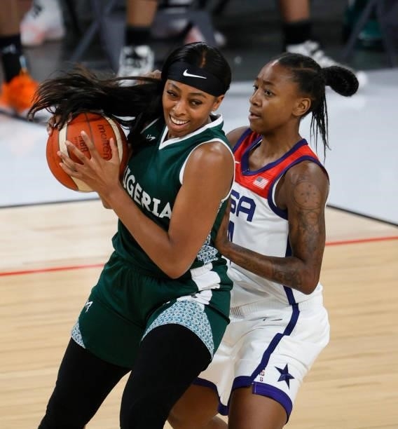 Atonye Nyingifa of Nigeria is guarded by Jewell Loyd of the United States during an exhibition game at Michelob ULTRA Arena ahead of the Tokyo...