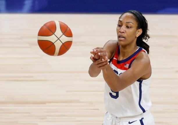 Ja Wilson of the United States passes against Nigeria during an exhibition game at Michelob ULTRA Arena ahead of the Tokyo Olympic Games on July 18,...