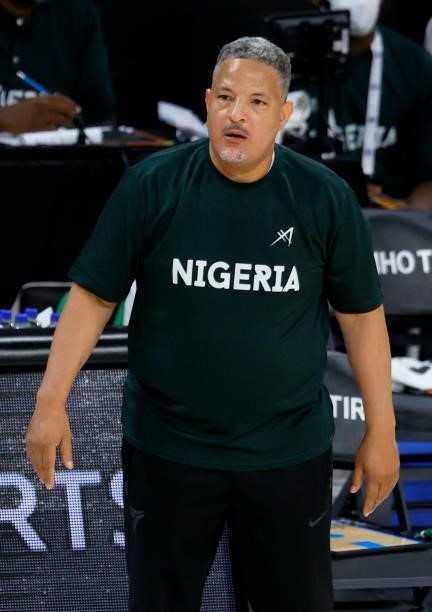 Head coach Otis Hughley Jr. Of Nigeria looks on during an exhibition game against the United States at Michelob ULTRA Arena ahead of the Tokyo...