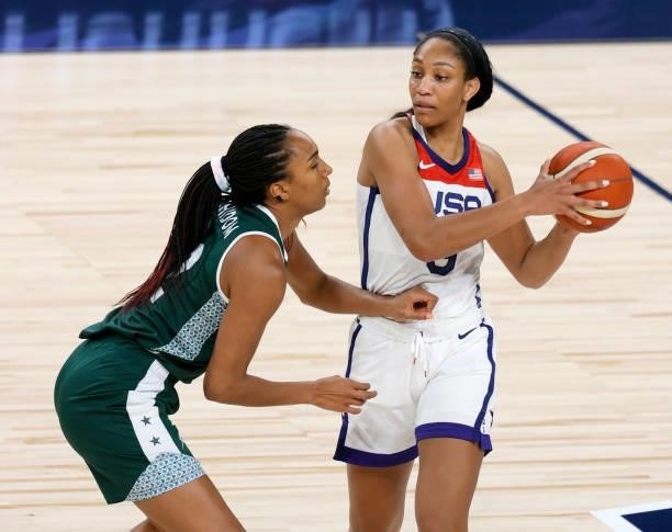 Ja Wilson of the United States is guarded by Oderah Chidom of Nigeria during an exhibition game at Michelob ULTRA Arena ahead of the Tokyo Olympic...