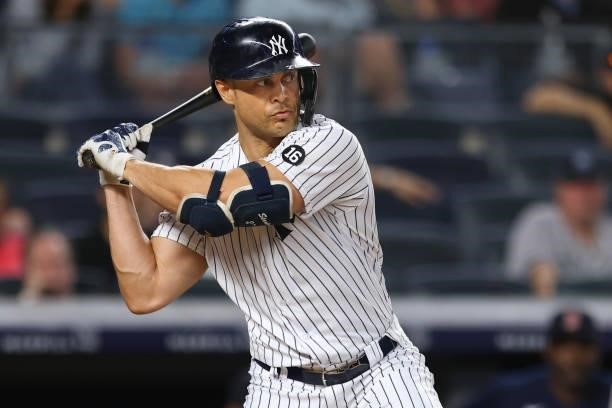 Giancarlo Stanton of the New York Yankees in action against the Boston Red Sox during a game at Yankee Stadium on July 18, 2021 in New York City.