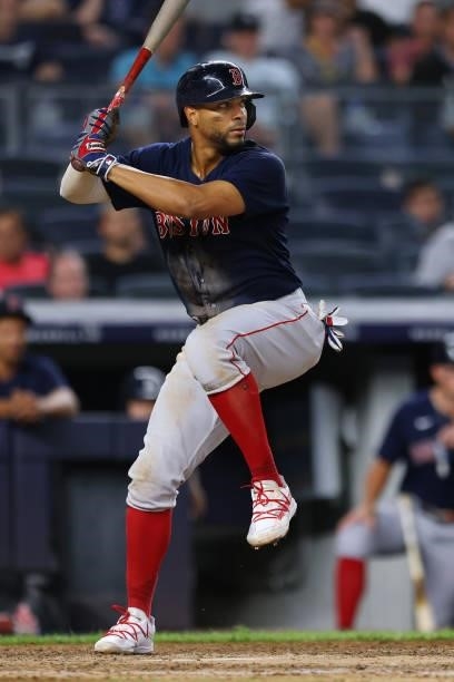Xander Bogaerts of the Boston Red Sox in action during a game against the New York Yankees at Yankee Stadium on July 18, 2021 in New York City.