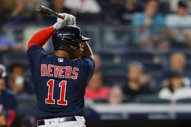 Rafael Devers of the Boston Red Sox in action during a game against the New York Yankees at Yankee Stadium on July 18, 2021 in New York City.