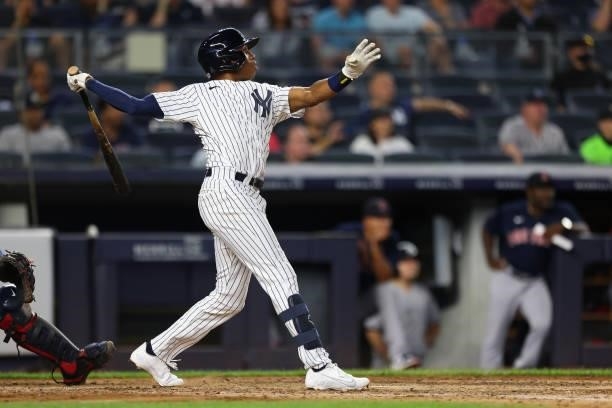 Greg Allen of the New York Yankees in action against the Boston Red Sox during a game at Yankee Stadium on July 18, 2021 in New York City.