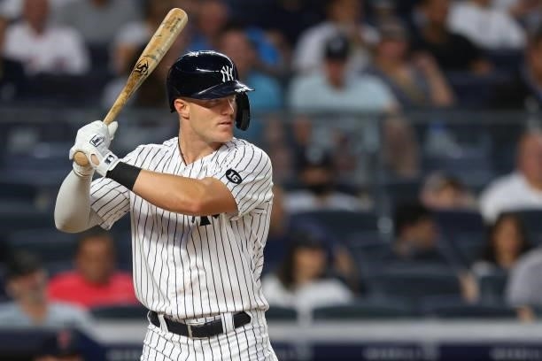 Trey Amburgey of the New York Yankees in action against the Boston Red Sox during a game at Yankee Stadium on July 18, 2021 in New York City.