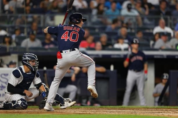 Jarren Duran of the Boston Red Sox in action during a game against the New York Yankees at Yankee Stadium on July 18, 2021 in New York City.