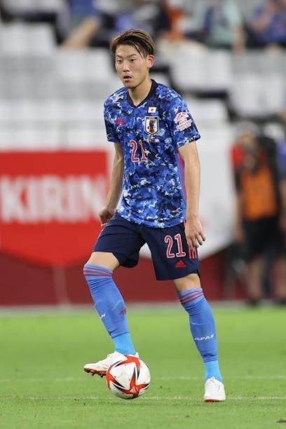 Ayumu Seko of Japan in action during the U-24 international friendly match between Japan and Spain at the Noevir Stadium Kobe on July 17, 2021 in...