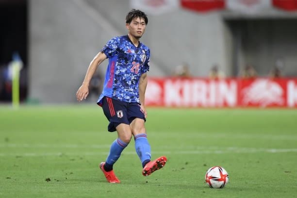 Koki Machida of Japan in action during the U-24 international friendly match between Japan and Spain at the Noevir Stadium Kobe on July 17, 2021 in...