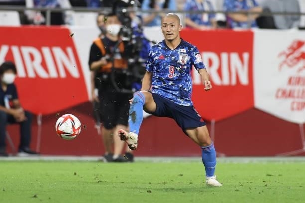 Daizen Maeda of Japan in action during the U-24 international friendly match between Japan and Spain at the Noevir Stadium Kobe on July 17, 2021 in...