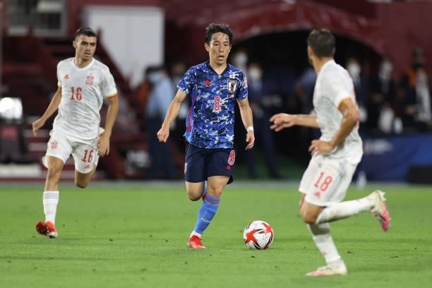 Koji Miyoshi of Japan in action during the U-24 international friendly match between Japan and Spain at the Noevir Stadium Kobe on July 17, 2021 in...