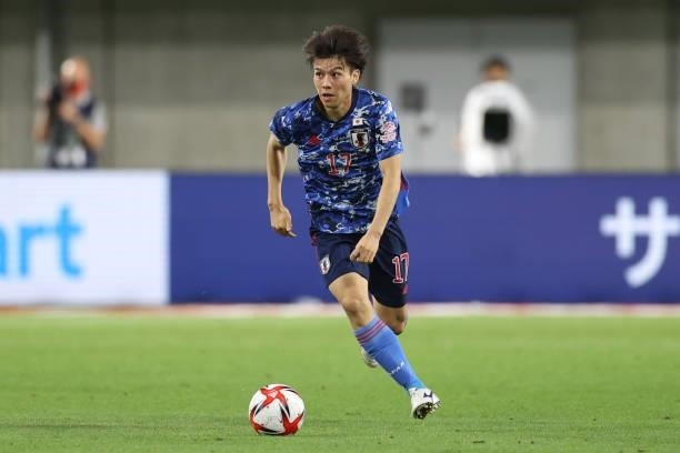 Ao Tanaka of Japan in action during the U-24 international friendly match between Japan and Spain at the Noevir Stadium Kobe on July 17, 2021 in...