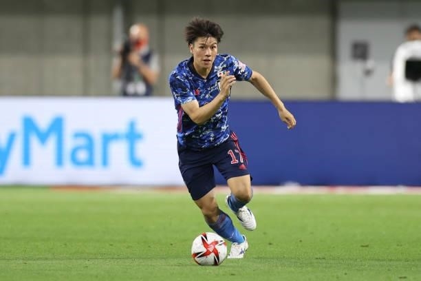 Ao Tanaka of Japan in action during the U-24 international friendly match between Japan and Spain at the Noevir Stadium Kobe on July 17, 2021 in...