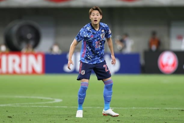 Ayumu Seko of Japan looks on during the U-24 international friendly match between Japan and Spain at the Noevir Stadium Kobe on July 17, 2021 in...