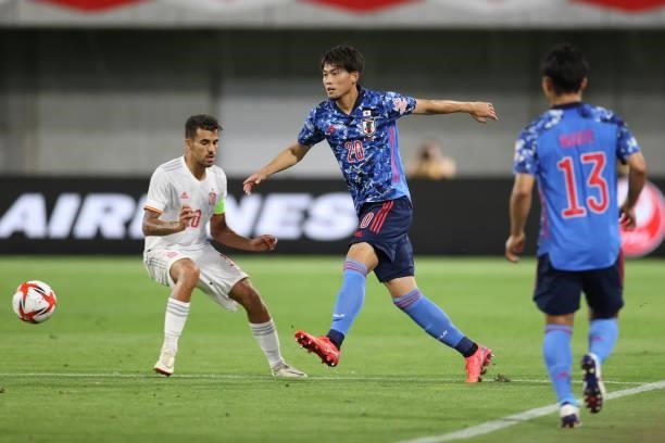 Koki Machida of Japan in action during the U-24 international friendly match between Japan and Spain at the Noevir Stadium Kobe on July 17, 2021 in...