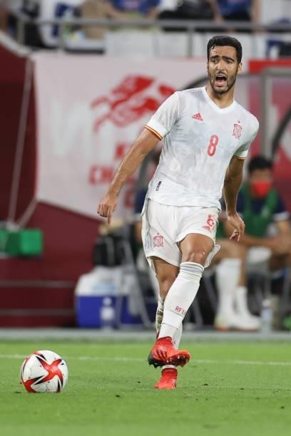Mikel Merino of Spain in action during the U-24 international friendly match between Japan and Spain at the Noevir Stadium Kobe on July 17, 2021 in...