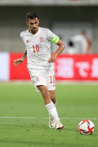 Dani Ceballos of Spain in action during the U-24 international friendly match between Japan and Spain at the Noevir Stadium Kobe on July 17, 2021 in...