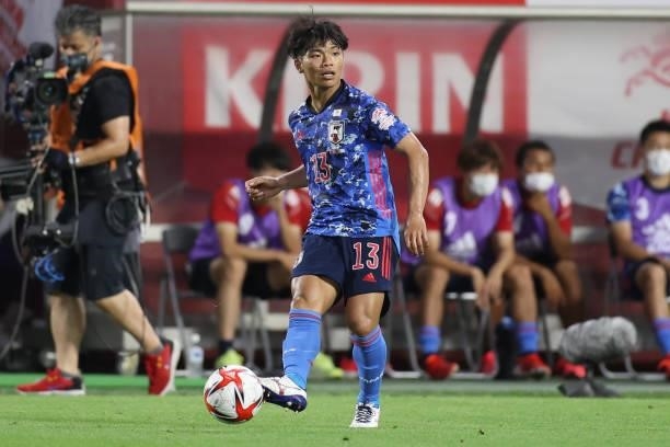 Reo Hatate of Japan in action during the U-24 international friendly match between Japan and Spain at the Noevir Stadium Kobe on July 17, 2021 in...