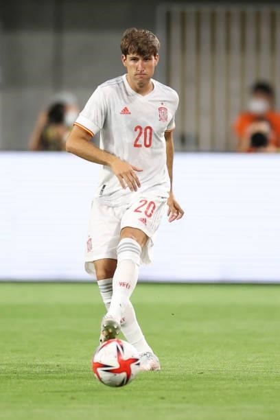 Juan Miranda of Spain in action during the U-24 international friendly match between Japan and Spain at the Noevir Stadium Kobe on July 17, 2021 in...