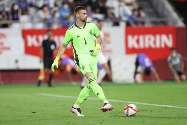 Unai Simon of Spain in action during the U-24 international friendly match between Japan and Spain at the Noevir Stadium Kobe on July 17, 2021 in...