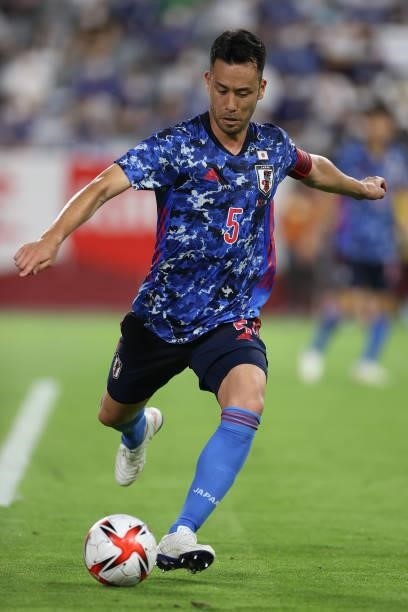 Maya Yoshida of Japan in action during the U-24 international friendly match between Japan and Spain at the Noevir Stadium Kobe on July 17, 2021 in...