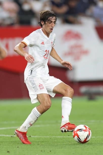 Bryan Gil of Spain in action during the U-24 international friendly match between Japan and Spain at the Noevir Stadium Kobe on July 17, 2021 in...